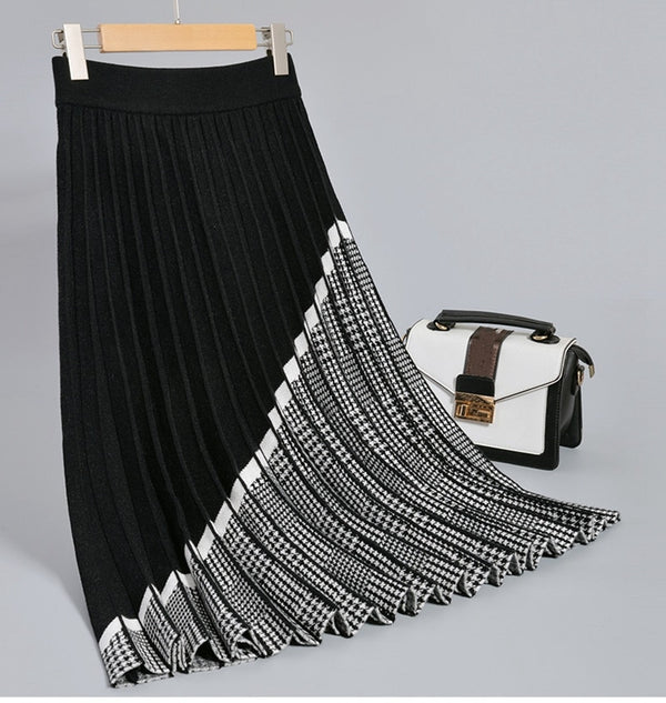 Geometric Long Knit Women Pleated Skirt Autumn Winter Thick Warm A Line Skirt